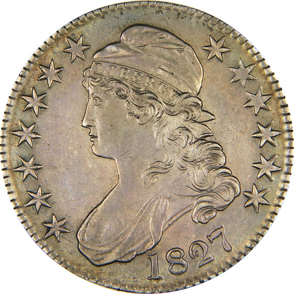 1827 Capped Bust Half Dollar - Square Base 2 - AU/MS Rainbow Toned