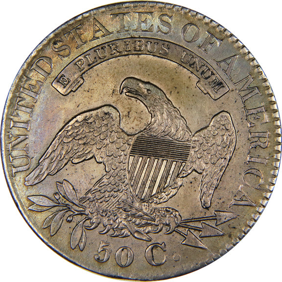 1827 Capped Bust Half Dollar - Square Base 2 - AU/MS Rainbow Toned